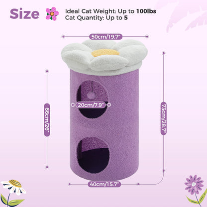 Two-level cat house with flower-shaped perch and cozy lower bed for indoor cats
