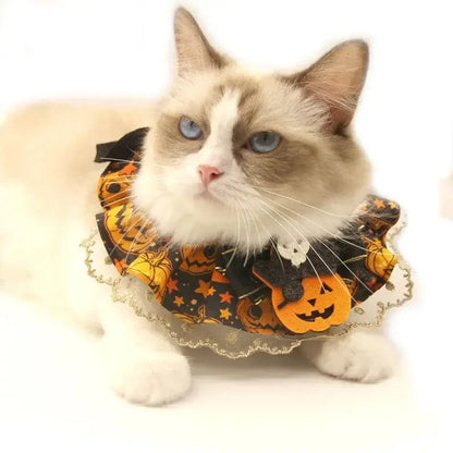 Soft cotton Halloween pet scarf with pumpkin pattern and adjustable collar for cats and dogs.