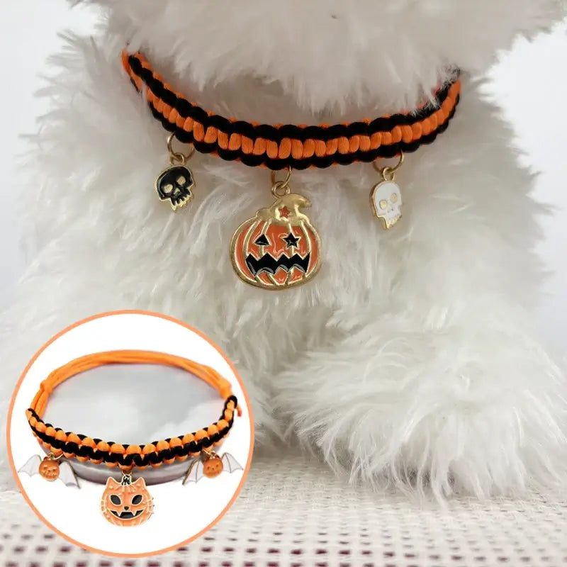 Hand-woven Halloween pet collar with pumpkin pendant for cats and small dogs