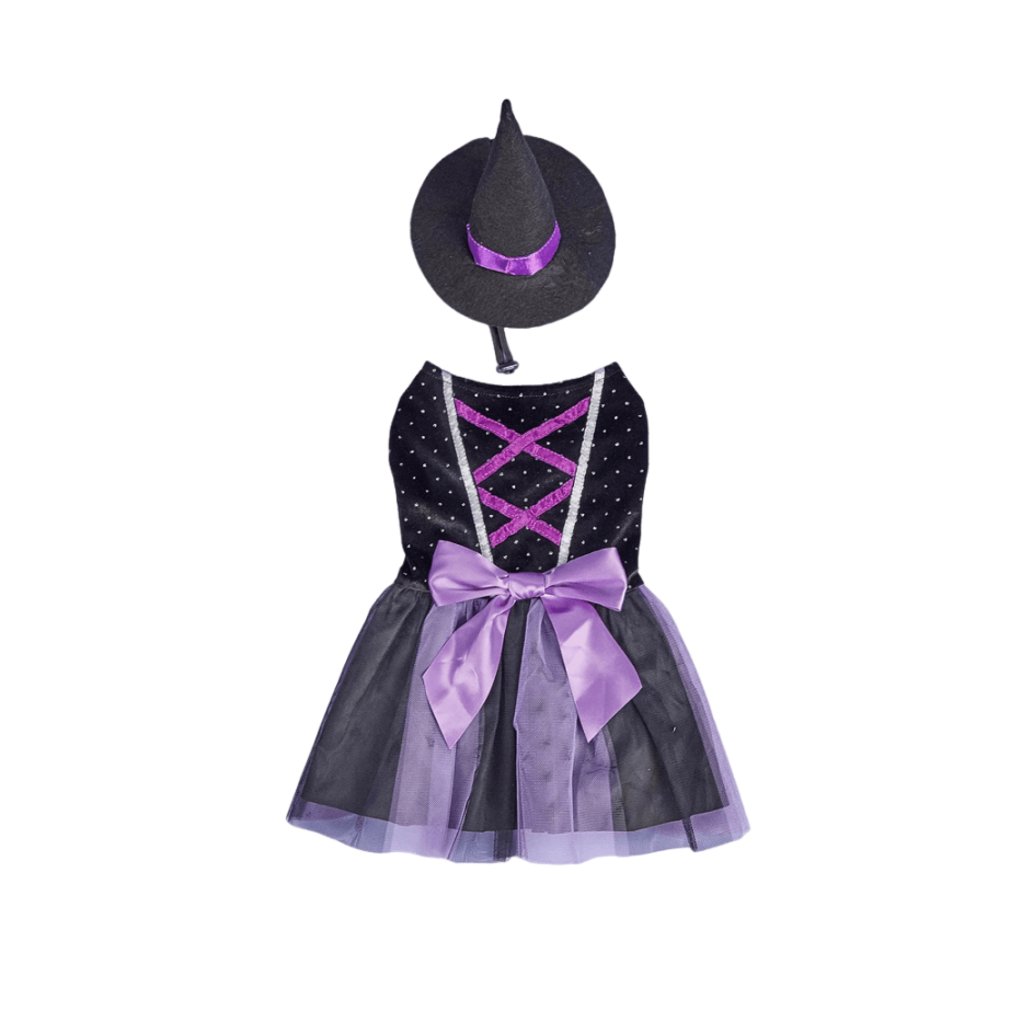 Small dog wearing velvet Halloween dog dress with tulle tutu and witch hat, perfect for Halloween parties or pet photoshoots.