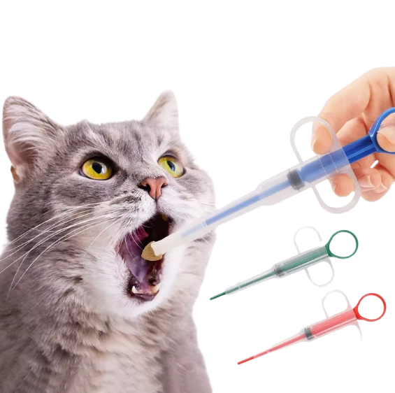 Gentle pet pill applicator syringe for safely administering medication to dogs and cats