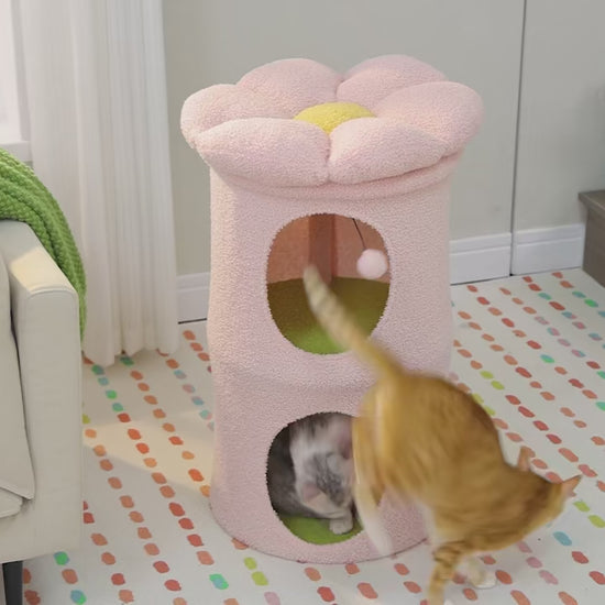 Double-deck cat house with cozy condos, luxury flower perch, and pompom ball for indoor cats.