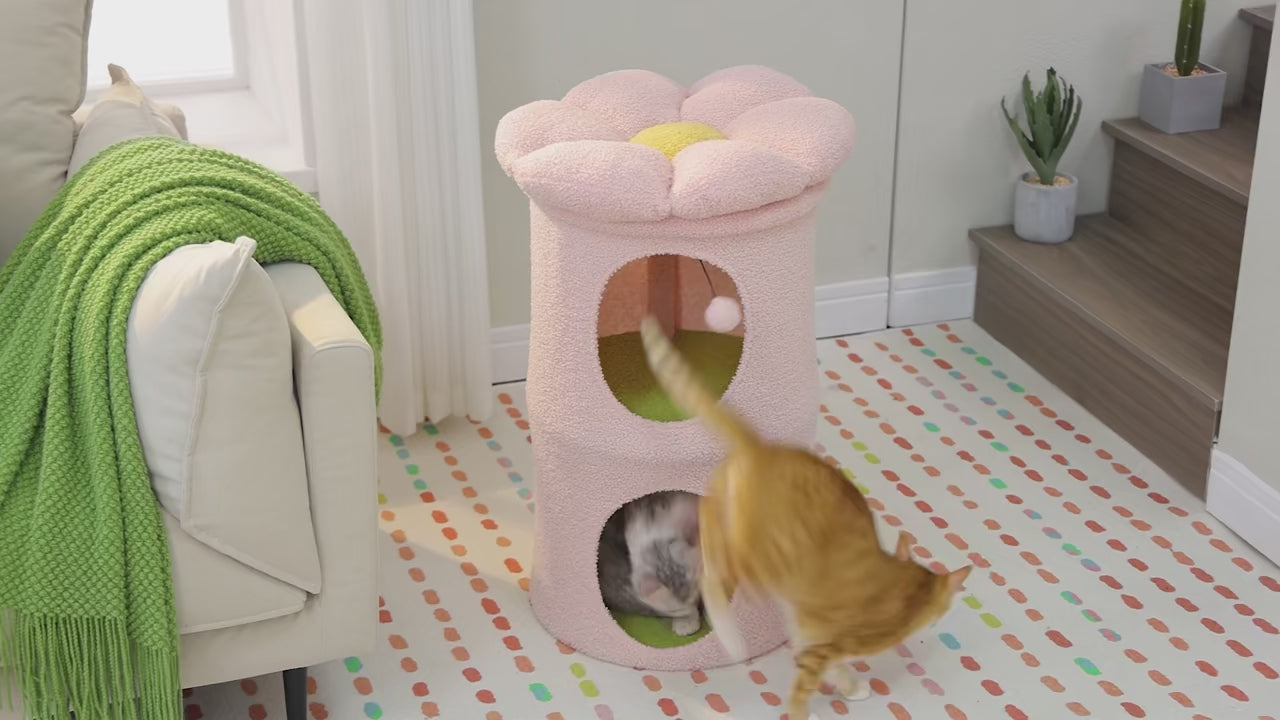 Double-deck cat house with cozy condos, luxury flower perch, and pompom ball for indoor cats.