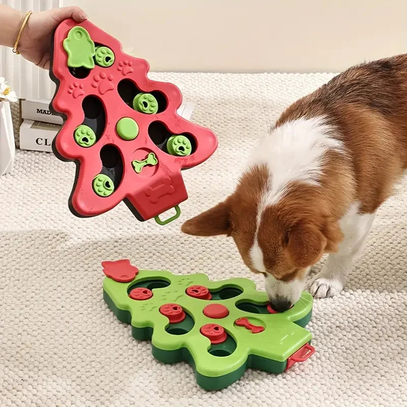 Christmas tree-shaped slow feeder bowl for cats and dogs, interactive puzzle design with a non-slip base.