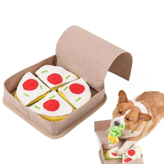 Pizza box-shaped interactive snuffle toy for dogs, perfect for nose work training and slow feeding