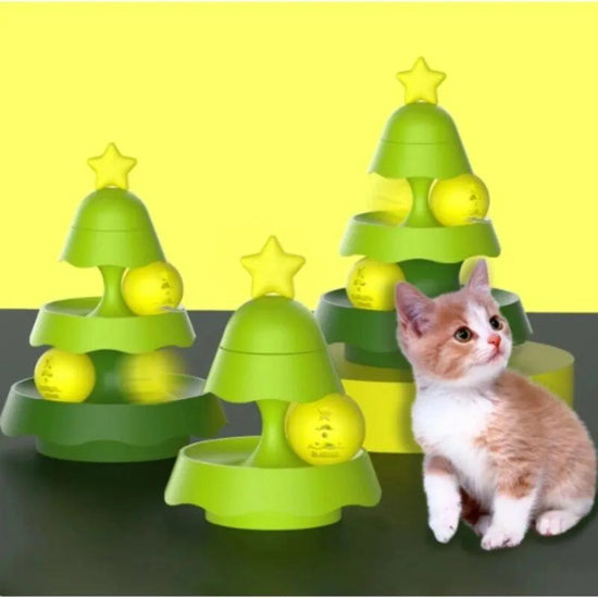 Christmas tree-shaped cat track toy with multi-stage interactive ball tracks for indoor cats.