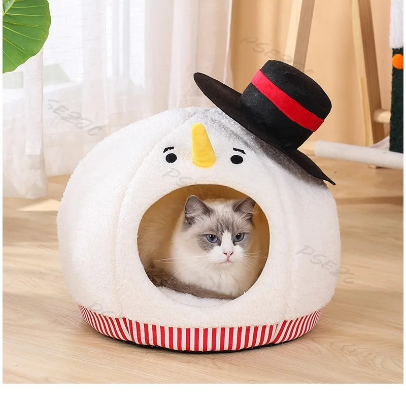 Semi-enclosed Christmas snowman cat nest for warmth and comfort during autumn and winter.