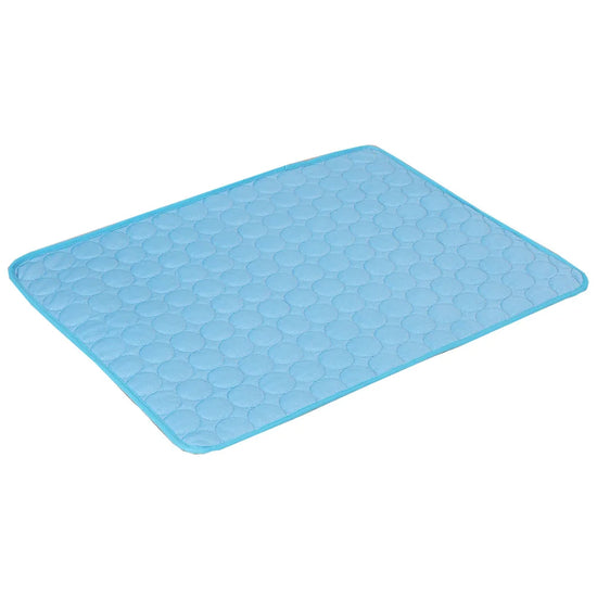 Pet cooling mat in ice silk fabric for summer comfort, suitable for dogs and cats in various sizes.