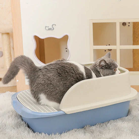 Large semi-enclosed cat litter box with high splash-guard border, available in blue, grey, and pink, designed for easy cleaning and odor control.