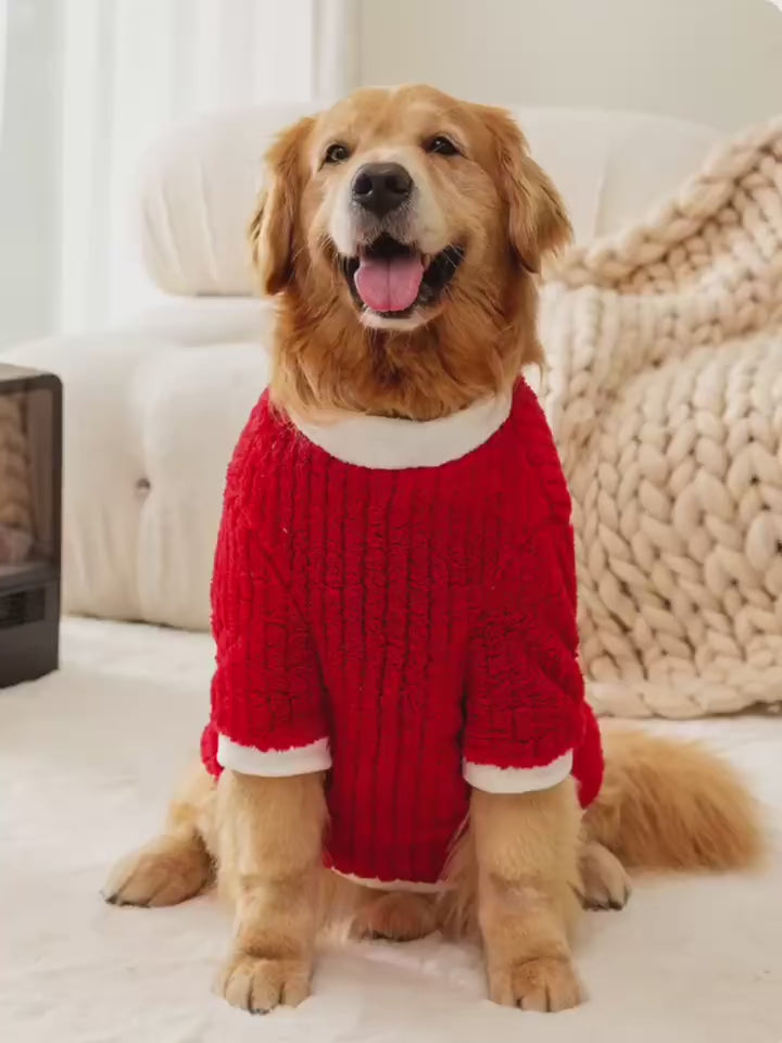 Red Christmas sweater for large dogs, warm winter pajama-jacket for Golden Retrievers and Labradors.