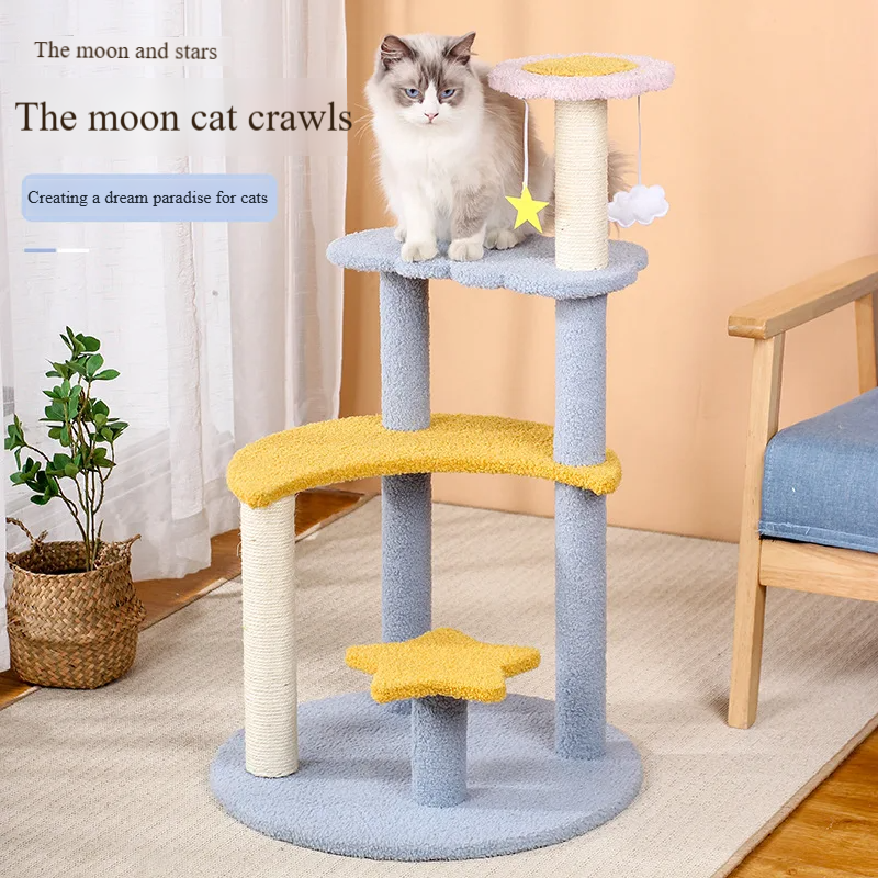 Cute kitten tree tower with multi-level design and sisal-covered scratching posts for cats.