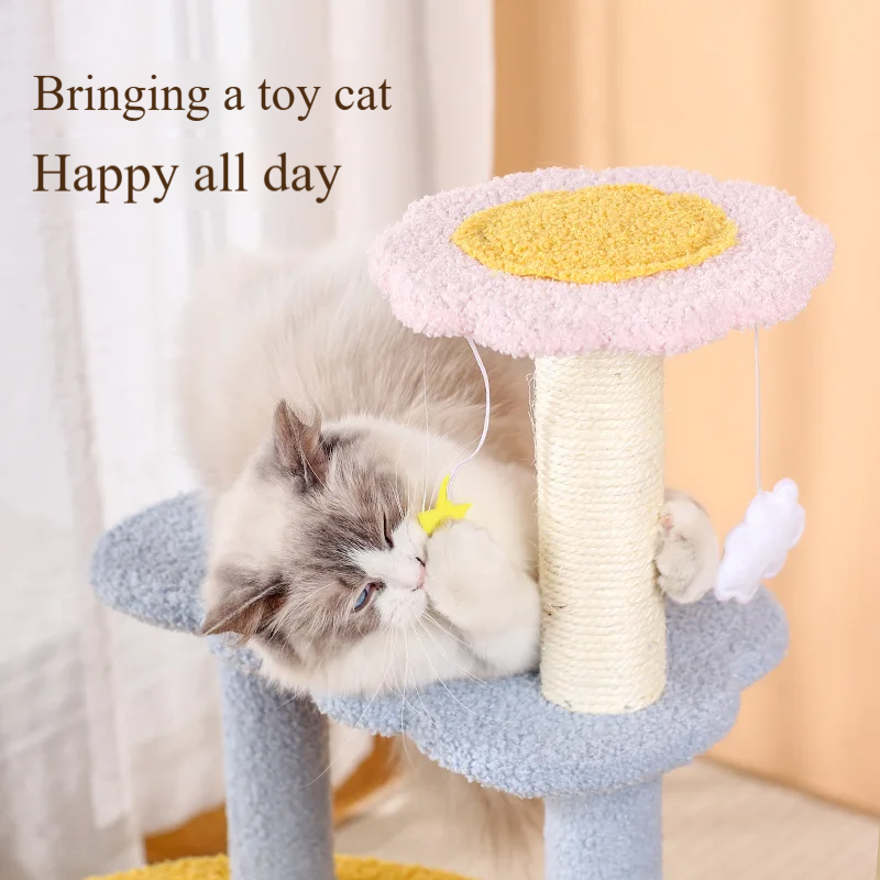 Cute kitten tree tower with multi-level design and sisal-covered scratching posts for cats.